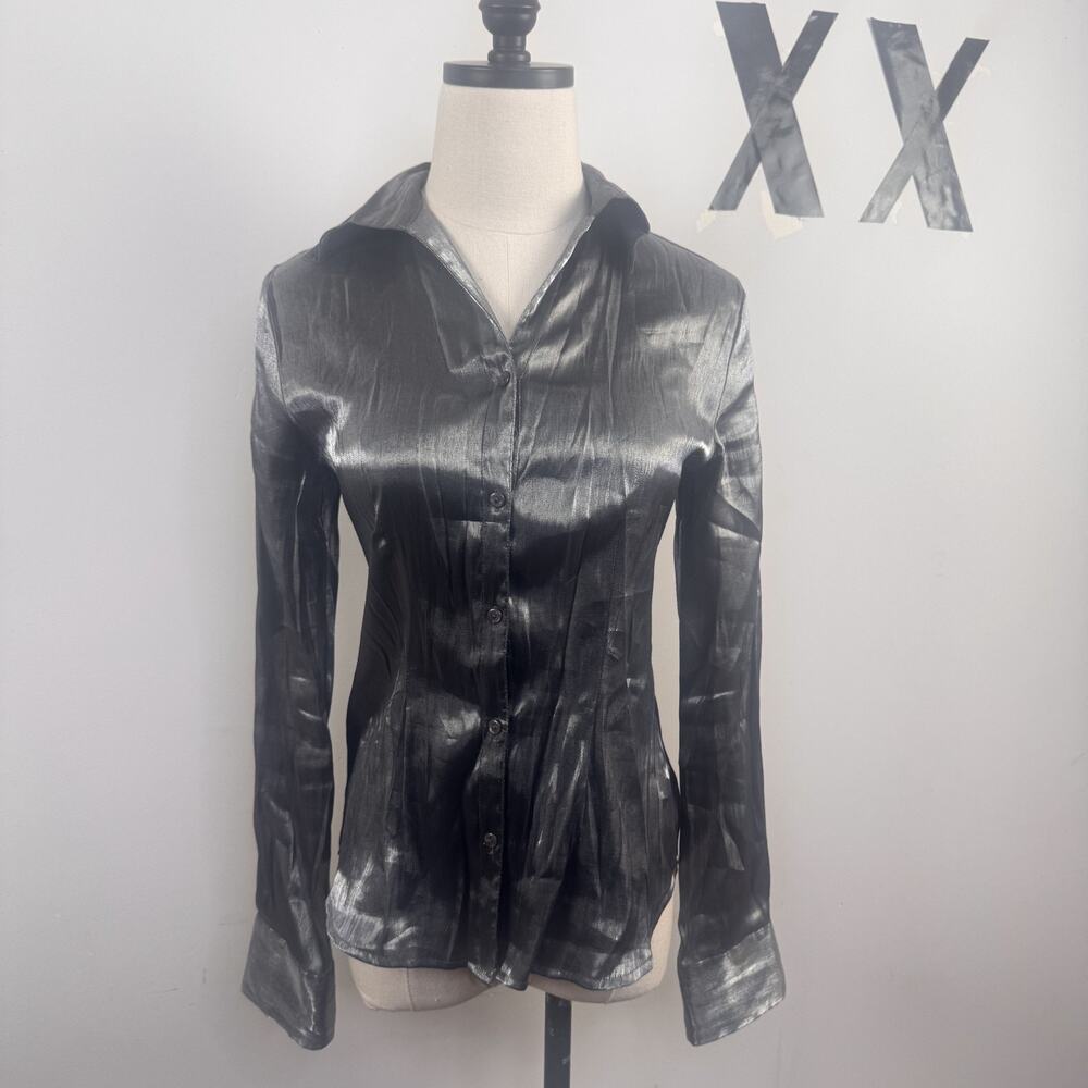 Vintage 90s Liquid Silver Fitted Button Up Top Indie Glam Grunge Luxe S